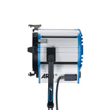 Blue T5 spotlight side view with vented body and black power/control panel