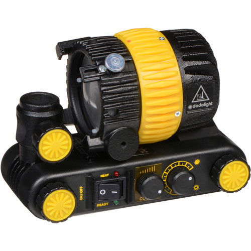 Bi-color LED light source on base with yellow knobs, READY indicator and control dials