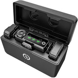 LARK MAX Duo wireless mic system open case showing two transmitters and receiver module