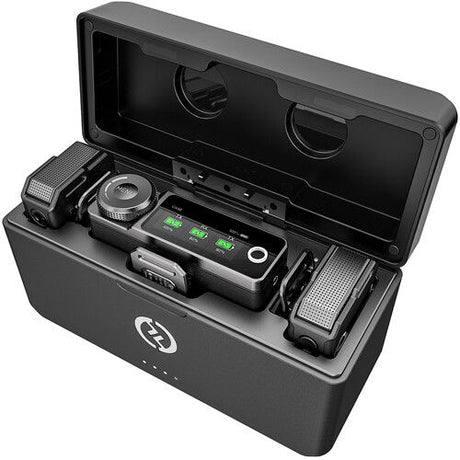 LARK MAX Duo wireless mic system open case showing two transmitters and receiver module