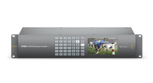 ATEM 4 M/E broadcast studio switcher front panel with keypad and video preview screens