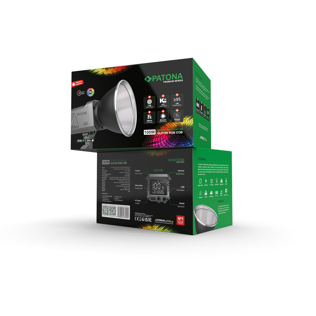 Set lampă LED Patona GLP100 RGB, ambalaj verde și negru cu produs și specificații