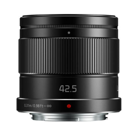 Panasonic Lumix 42.5mm f/1.7 MFT lens, front view with ridged focus ring
