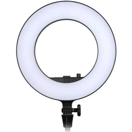 Circular LED ring light with white diffused glow and black mounting stand