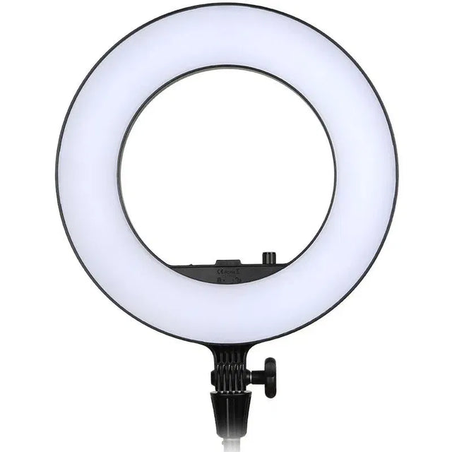 Circular LED ring light with white diffused glow and black mounting stand