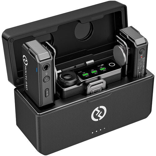 LARK MAX Duo wireless mic system open case with two lav mics and status display