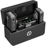 LARK MAX Duo wireless mic system open case with two lav mics and status display