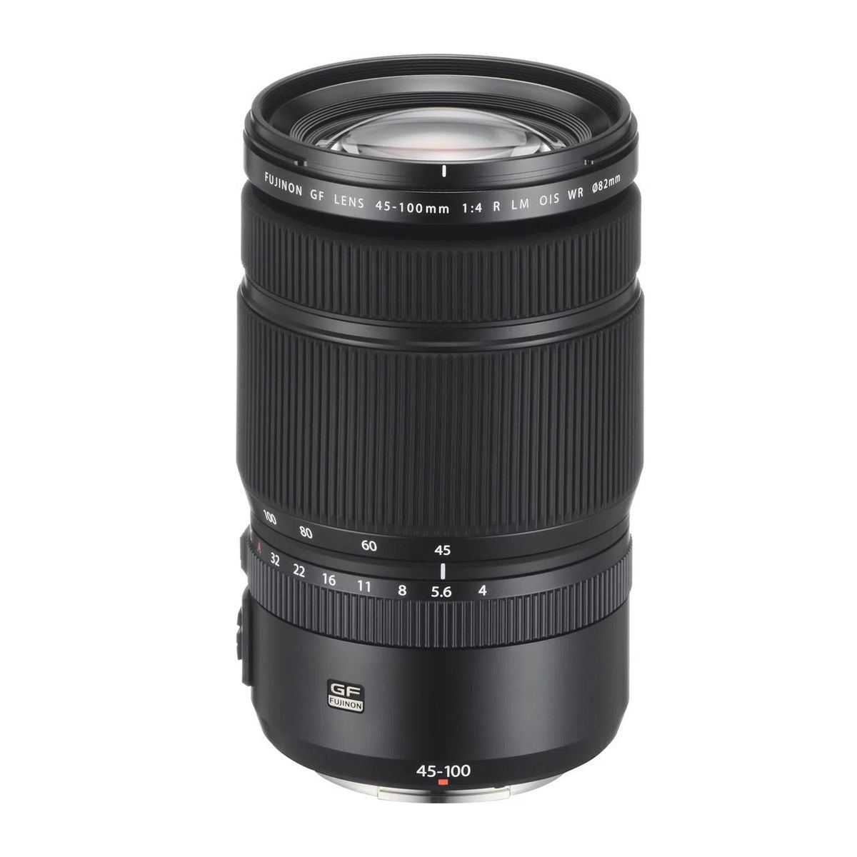 Black GF 45-100mm f/4 R LM OIS WR camera lens, front element and focus ring