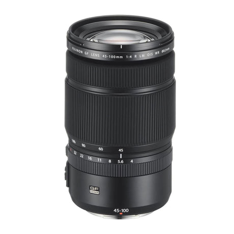 Black GF 45-100mm f/4 R LM OIS WR camera lens, front element and focus ring