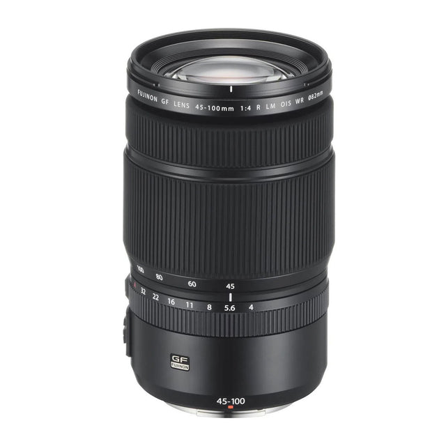 Black GF 45-100mm f/4 R LM OIS WR camera lens, front element and focus ring