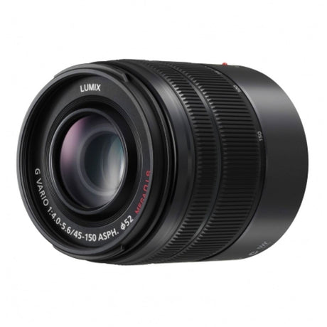 Black 45-150mm MFT zoom lens with front glass and ribbed barrel