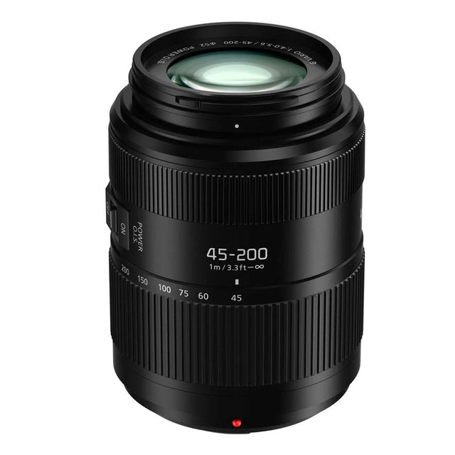 Panasonic Lumix 45-200mm MFT telephoto lens, black, front glass and ridged grip