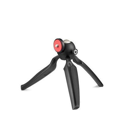 Black mini tripod with red circular adjustment on head and textured grips