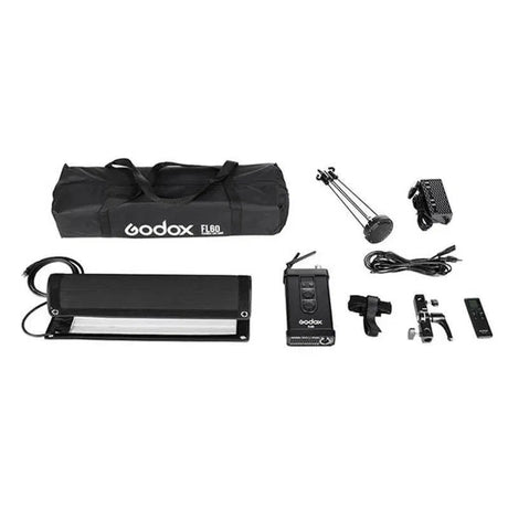 LED light panel kit: folded softbox, LED bar, controller, cables, and accessories