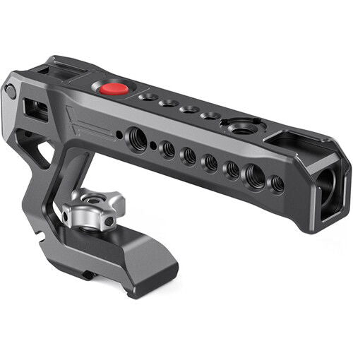 Compact NATO top handle with red record button, handgrip, and multi-hole rail