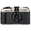 Pentax 17 film camera front view, dark silver body with black textured grip and lens