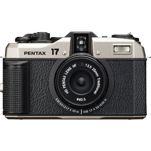 Pentax 17 film camera front view, dark silver body with black textured grip and lens