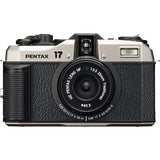 Pentax 17 film camera front view, dark silver body with black textured grip and lens