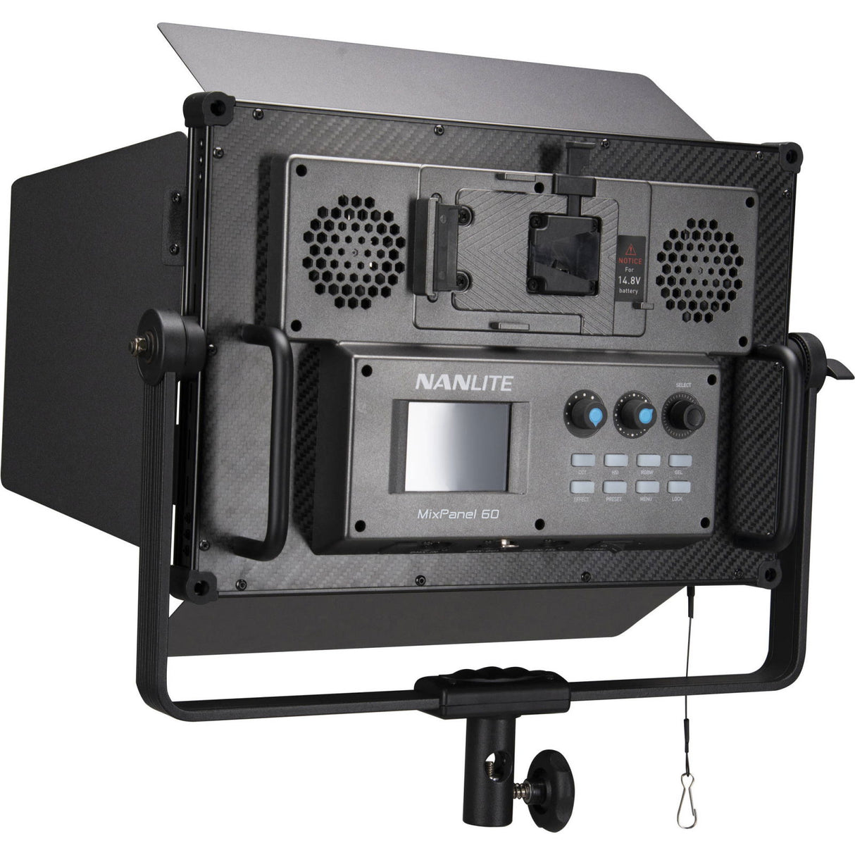 NanLite MixPanel 60 rear view with cooling vents, battery bay, and control panel