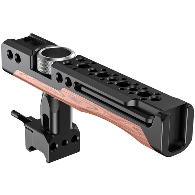 Rotating NATO handle with wood grip and mounting holes for camera rigs