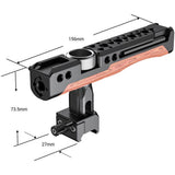 Rotating NATO handle with wood grip, black rail, and size diagram arrows