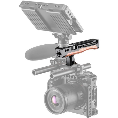 SmallRig rotating NATO handle mounted on camera, wood grip and side ports