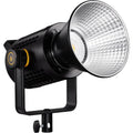 Black LED video light with silver reflector and front cooling grille on adjustable stand