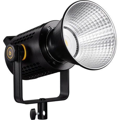 Black LED video light with silver reflector and front cooling grille on adjustable stand