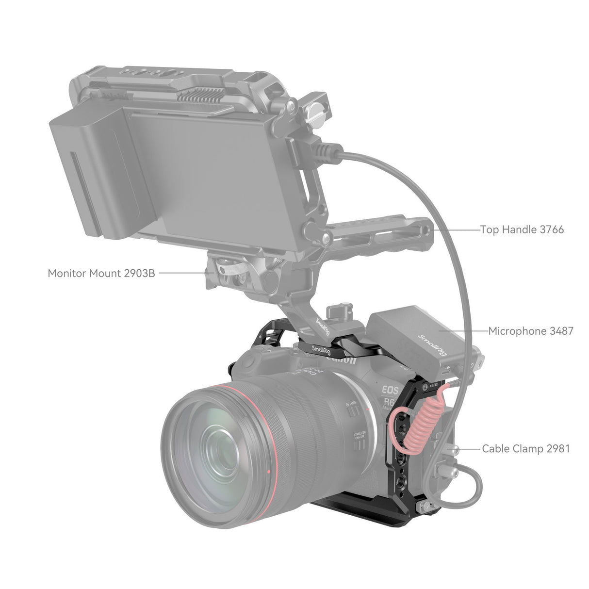 Camera cage side view with top handle, monitor mount, and cable clamp attachment
