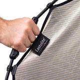 Hand gripping striped reflector panel with rods and tag label