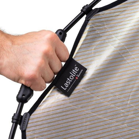 Hand gripping striped reflector panel with rods and tag label