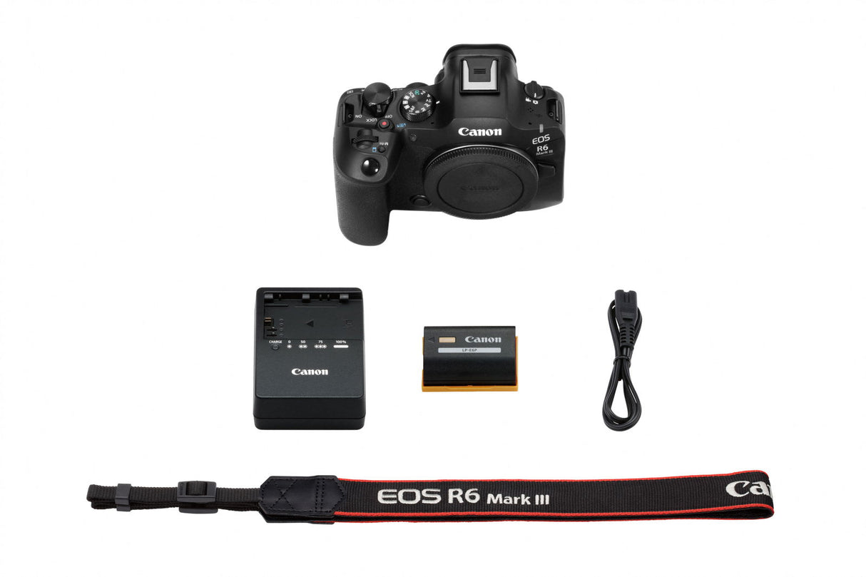 Kit Canon EOS R6 Mark III: aparat foto, acumulator, încărcător și curea