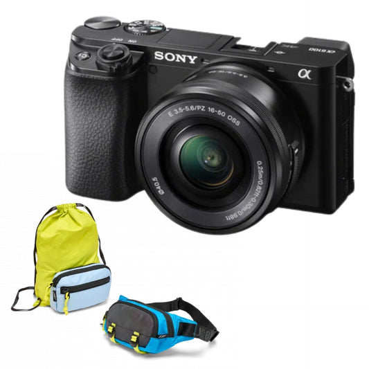 Cameră foto Sony neagră cu obiectiv 16-50 mm și două huse colorate