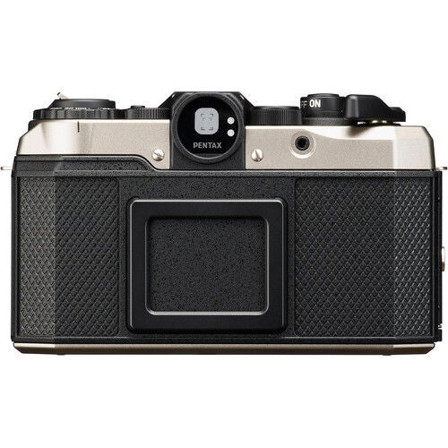 Pentax 17 film camera rear view, dark silver frame with black textured panels and screen