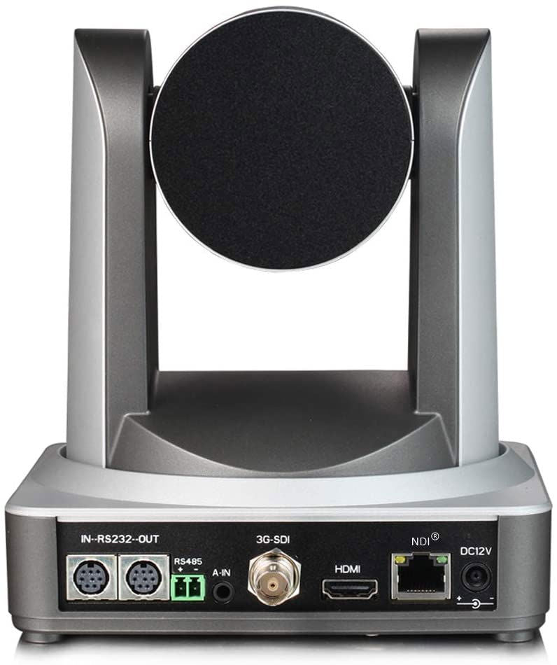 Rear view of gray PTZ camera base with ports for 3G-SDI, NDI, HDMI, and DC