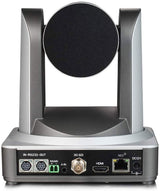Rear view of gray PTZ camera base with ports for 3G-SDI, NDI, HDMI, and DC