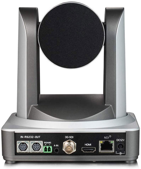 Rear view of gray PTZ camera base with ports for 3G-SDI, NDI, HDMI, and DC