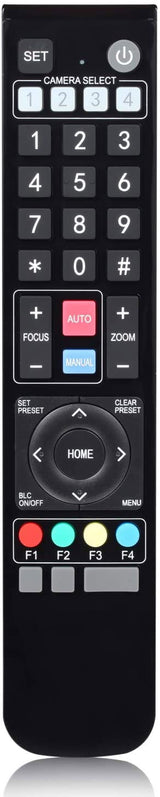 Black remote control with numeric keypad for PTZ camera setup and presets