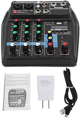 4-channel audio mixer front view with colored gain knobs and USB/phones controls