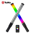 RGB LED tube light with black handle, multi-color beam, and included remote control