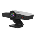 4K video conference webcam with auto-framing lens, black and white housing