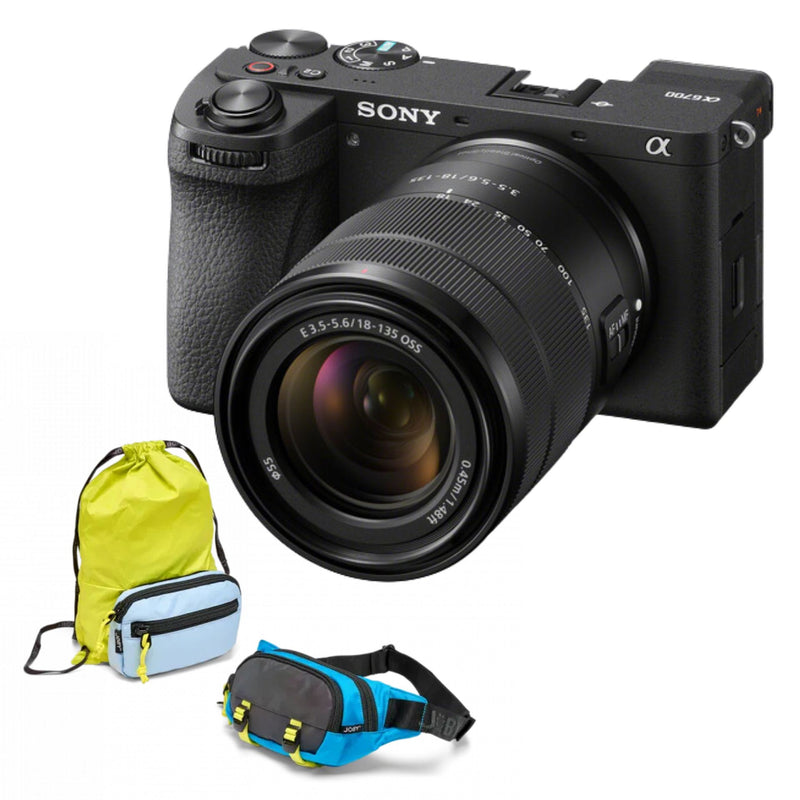 Cameră foto Sony cu obiectiv 18-135 mm și geantă de transport galbenă/albastră
