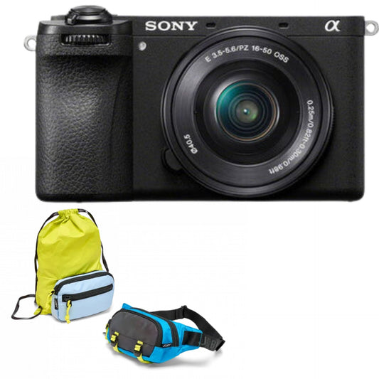 Aparat foto Sony A6700 cu obiectiv 16-50mm, plus rucsac galben și husă albastră