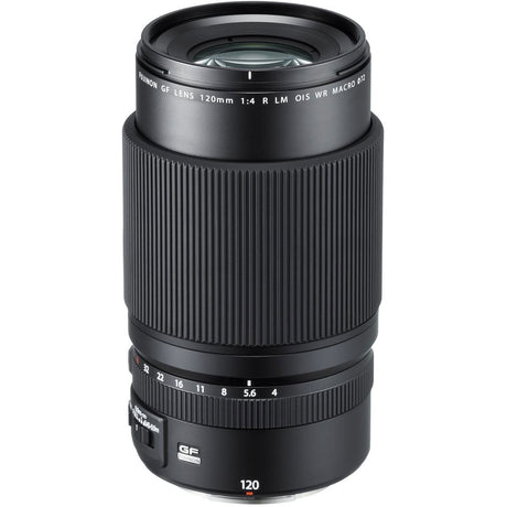 Black GF 120mm f/4 mirrorless camera lens with knurled focus ring