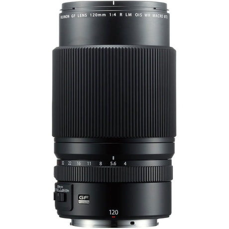 Black GF 120mm f/4 lens front with aperture scale and control markings