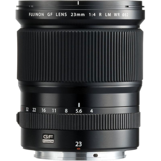 Black Fujinon GF 23mm F4 R LM WR mirrorless camera lens barrel with focus markings