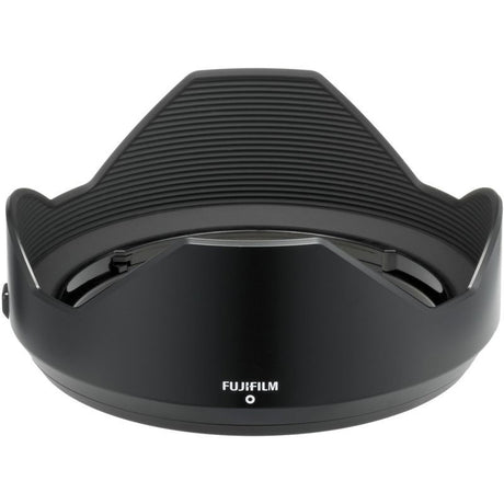 Black camera lens hood with Fujifilm logo and textured grip ridges