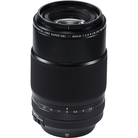 Black 80mm macro lens with textured focus ring and depth-of-field scale