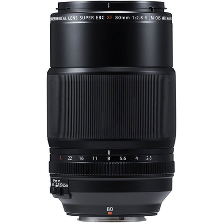 Black 80mm macro lens front view, ridged focusing ring and aperture scale