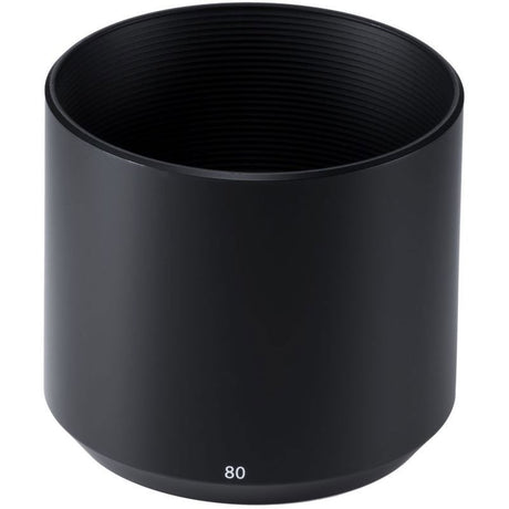Black 80mm macro lens hood end, smooth barrel with white '80' marking